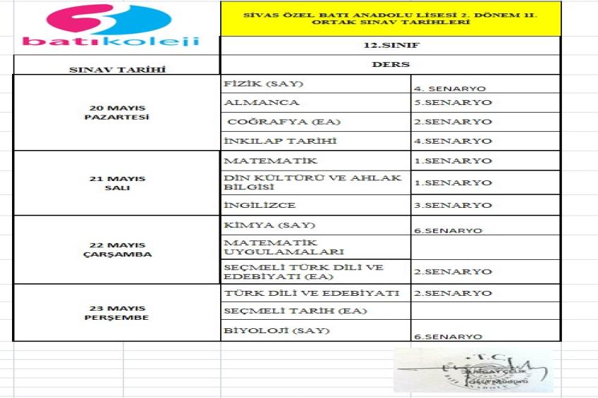 2023-2024 Eğitim Öğretim Yılı 12.Sınıflar 2.Dönem 2.Yazılı Tarihleri 